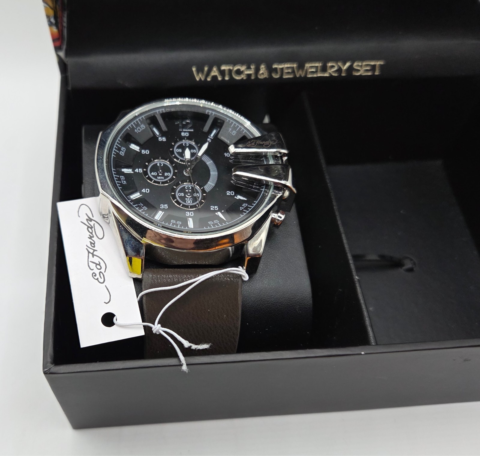 Ed Hardy Men's Black Silver Metal with Brown Leather Watch Band - NEW