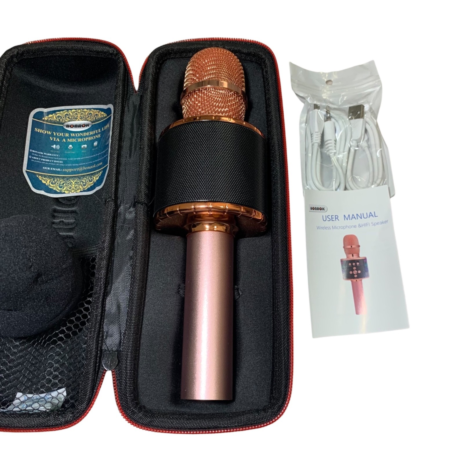 Bonaok Pink Wireless Bluetooth Karaoke Microphone Portable Handheld
