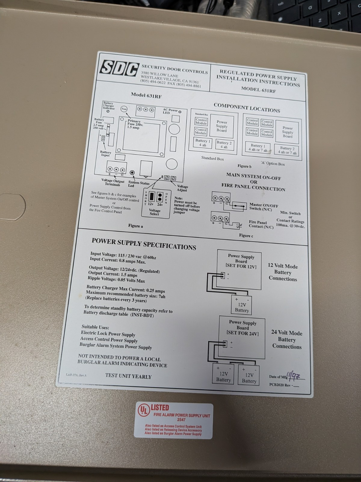 Security Door Controls 631RF 1.5 AMP Power Supply