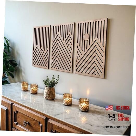 Modern Wooden Wall Sculptures - Set of Medium - Mountain and Sun Oak Unframed