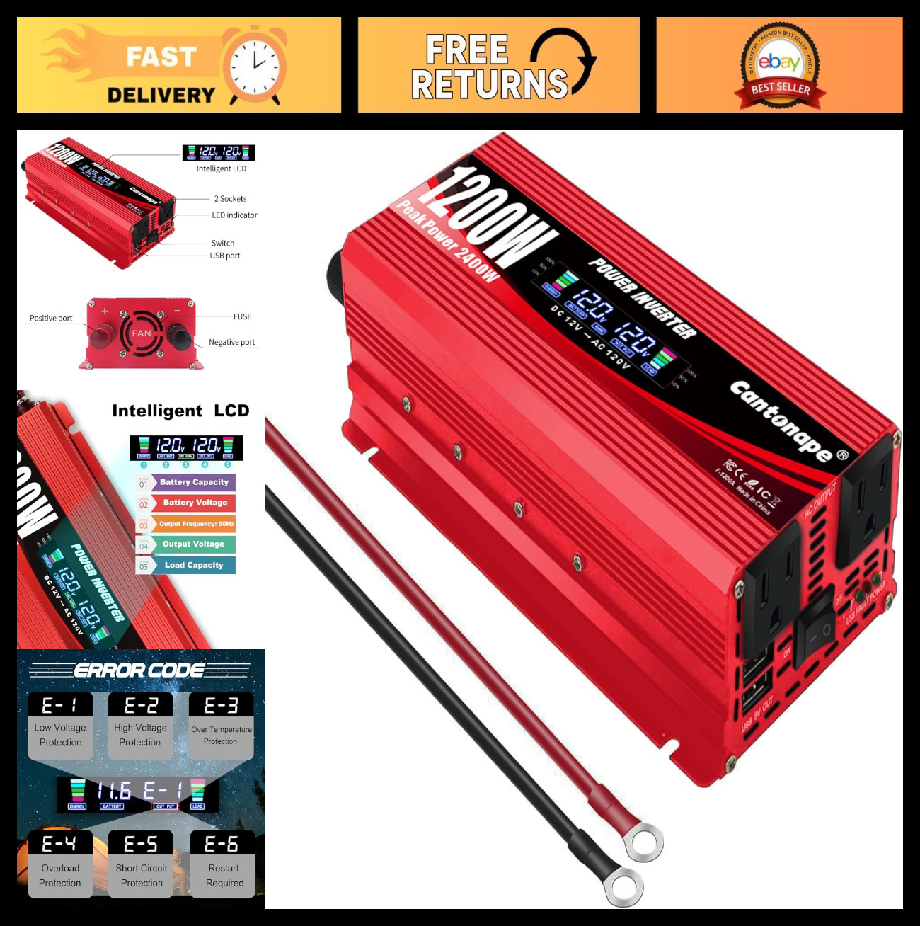 1200W/2400W Car Power Inverter DC 12V to AC 110V/120V, Dual USB & AC Outlets, LC