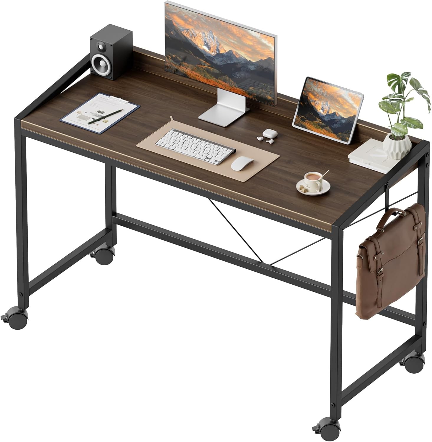 Computer desk with castors, home office desk (walnut finish, 40 inches)