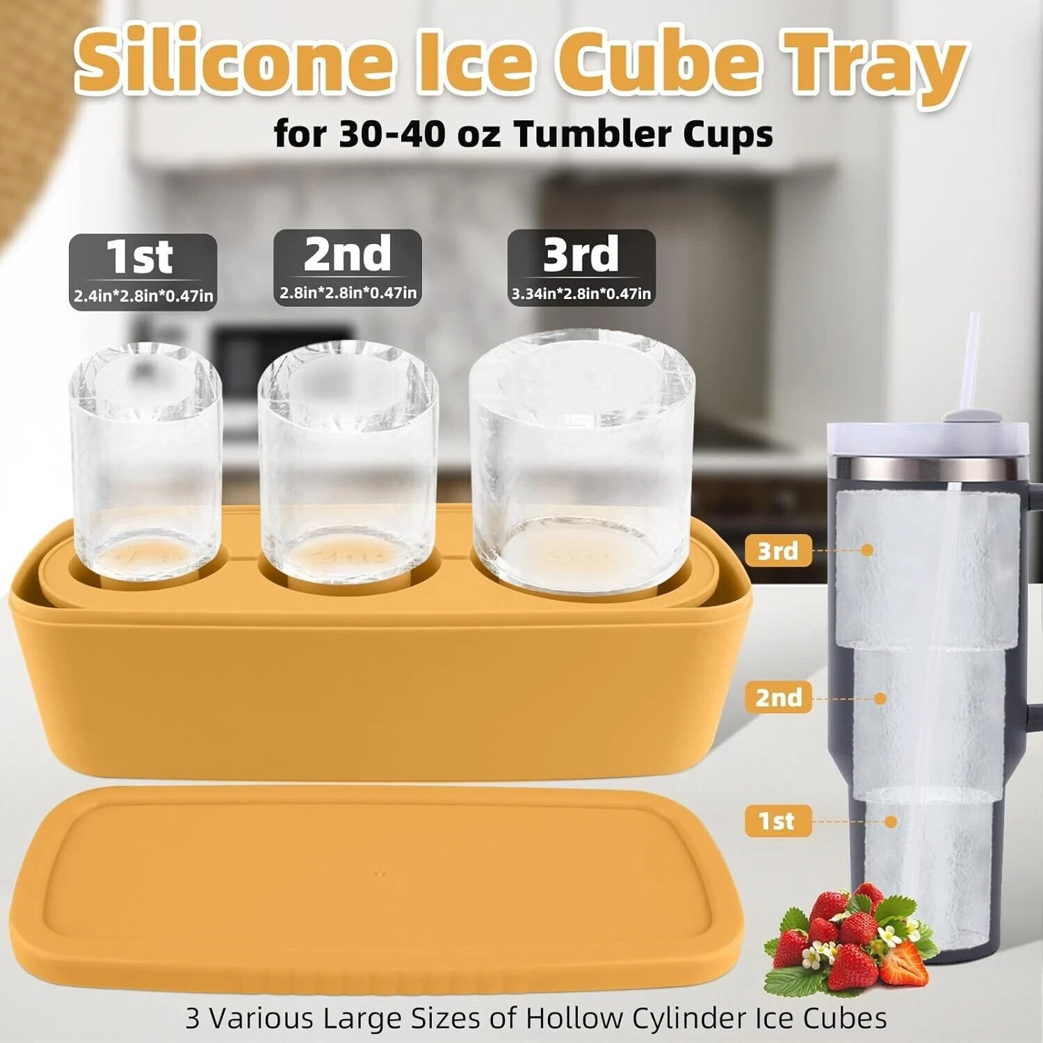 3 Hollow Cylinder Silicone Ice Cubes - Fits 20-40 oz Tumblers--YELLOW