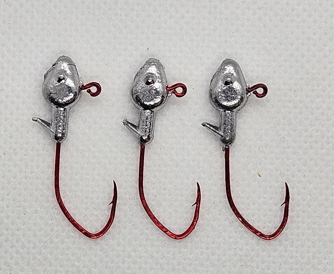 100 pcs - 1/16 oz Minnow Head Unpainted Jig #2 Red Sickle Hook MADE IN USA