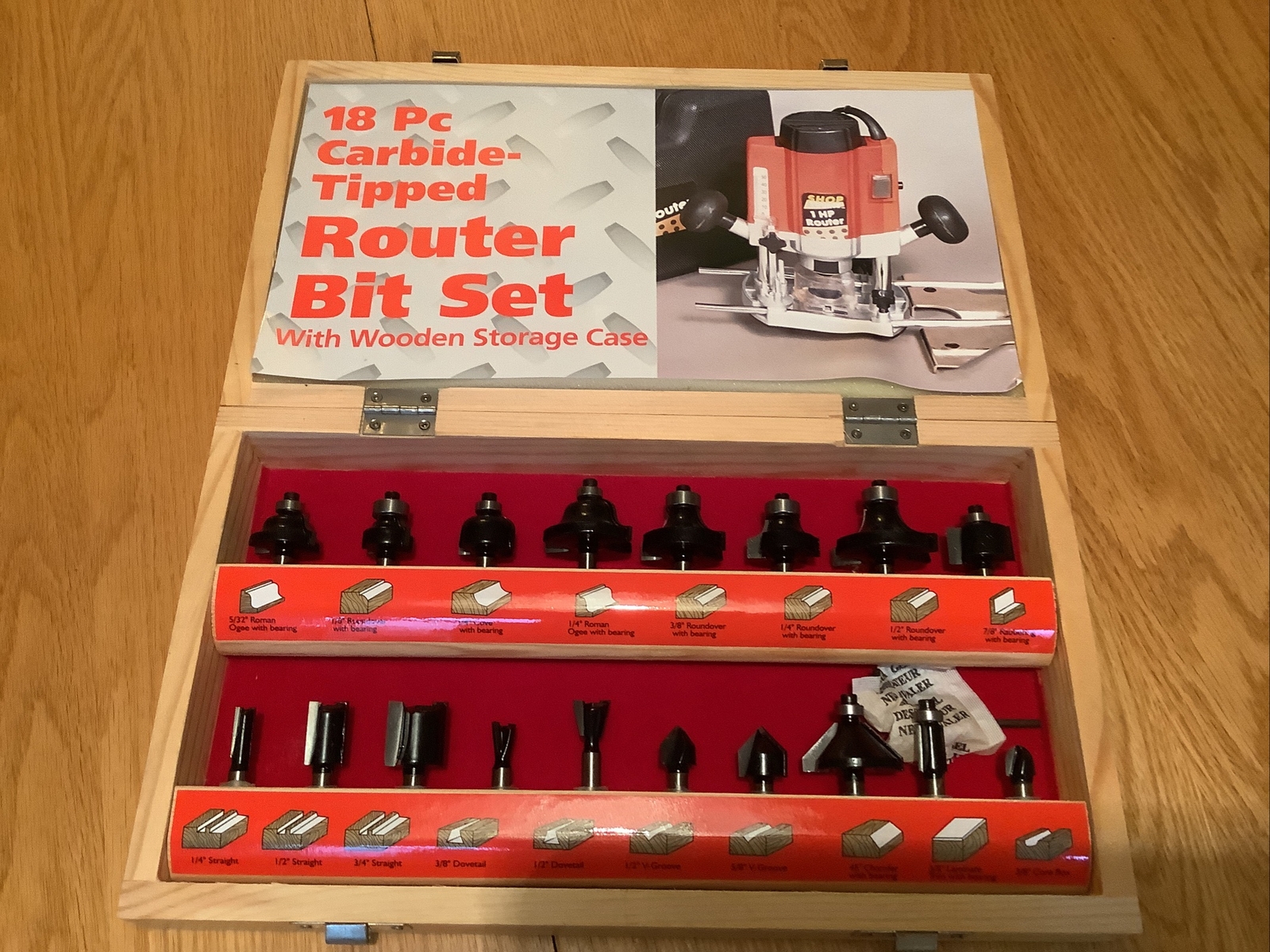 18 piece carbide tipped router set with wooden storage case