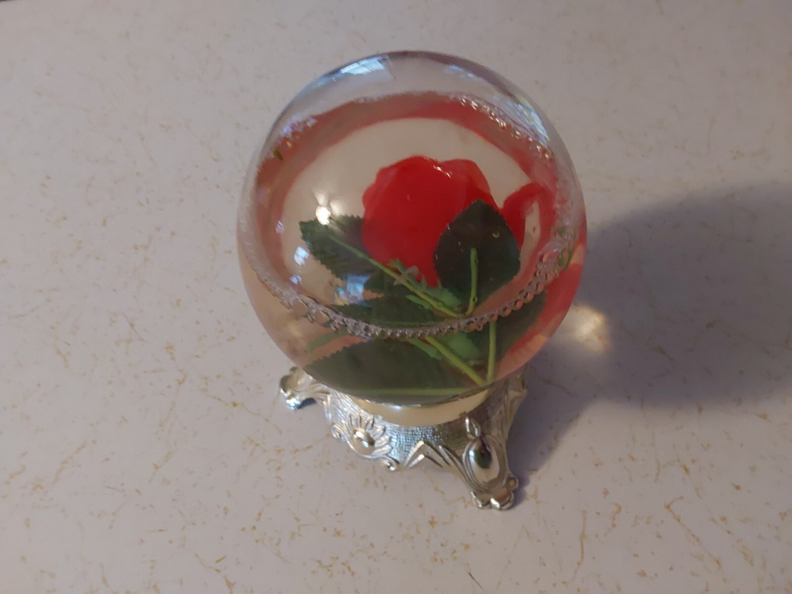 Floating ROSE Flower inside Glass Globe on Decorative TIN Base