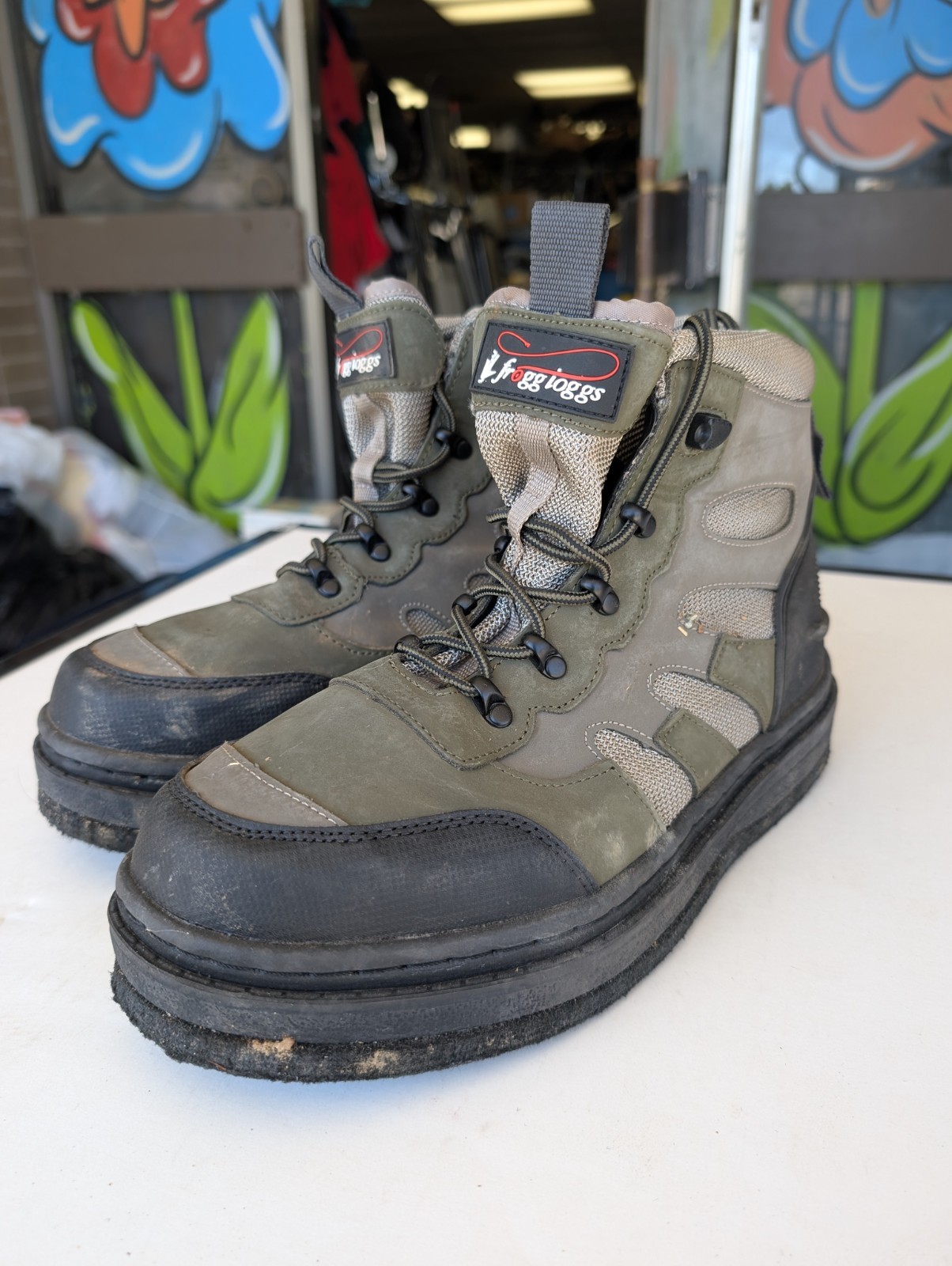 Frogg Toggs Gray Green Silver Felt Sole Fishing Wading Boots 10 No Spikes