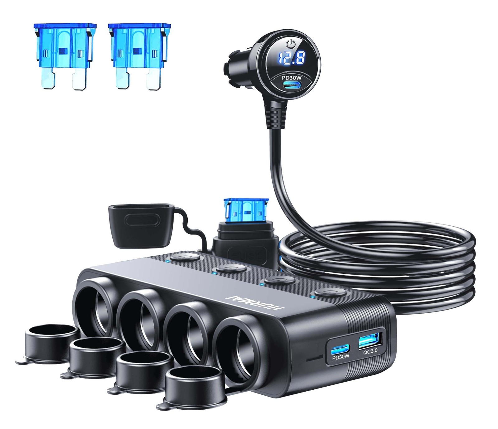 Cigarette Lighter Splitter Adapter 216W 4 Socket USB C PD30W QC3.0 12V 24V