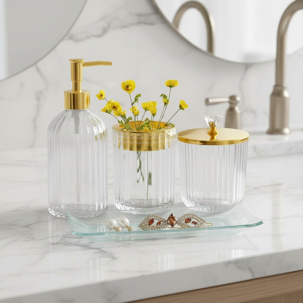 Versatile 4-Piece Clear Glass Bathroom Set with Gold Accents – Perfect Gift Idea