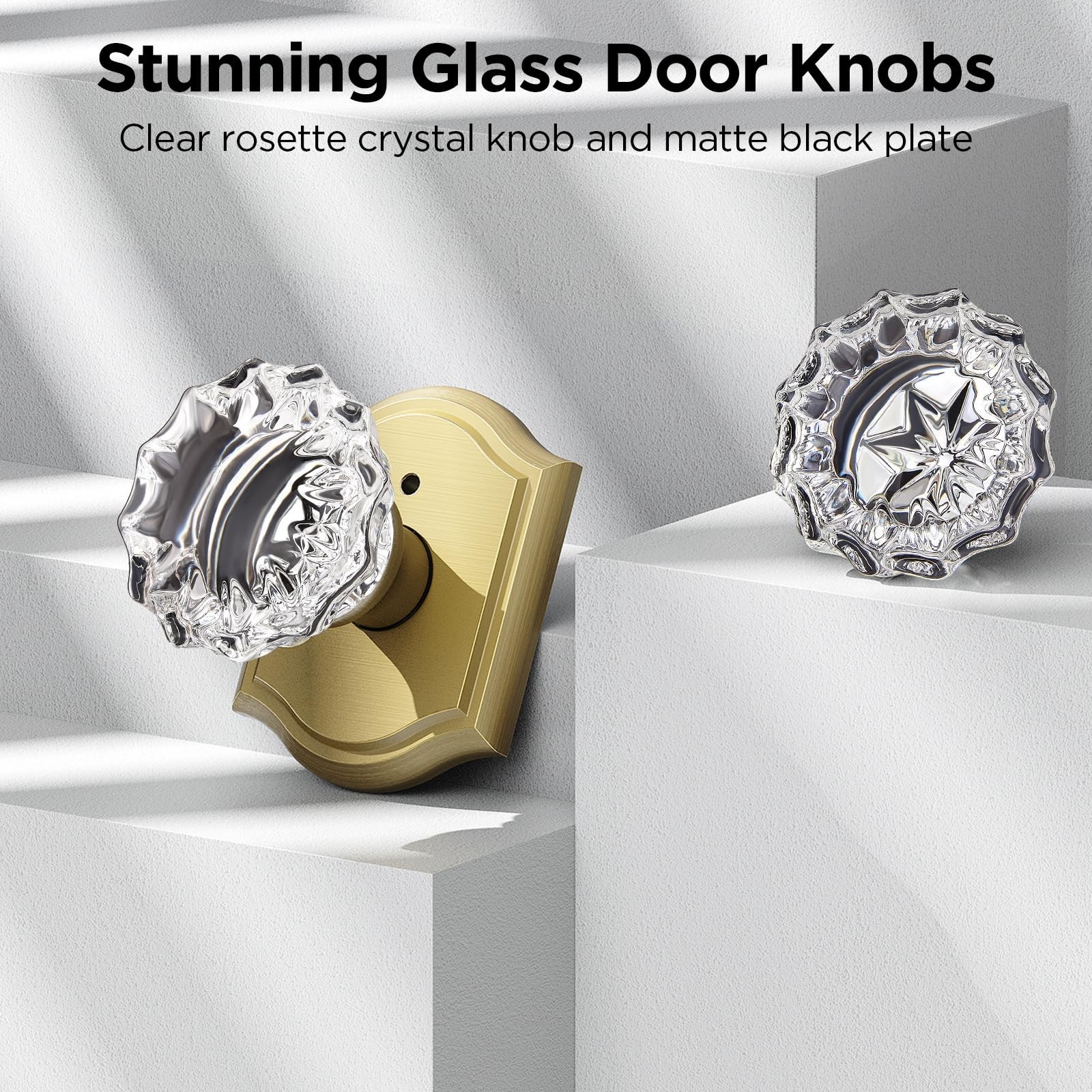 1 Pack Glass Door Knob, Rosette Shaped Crystal Door Knobs with Lock, Satin Br...