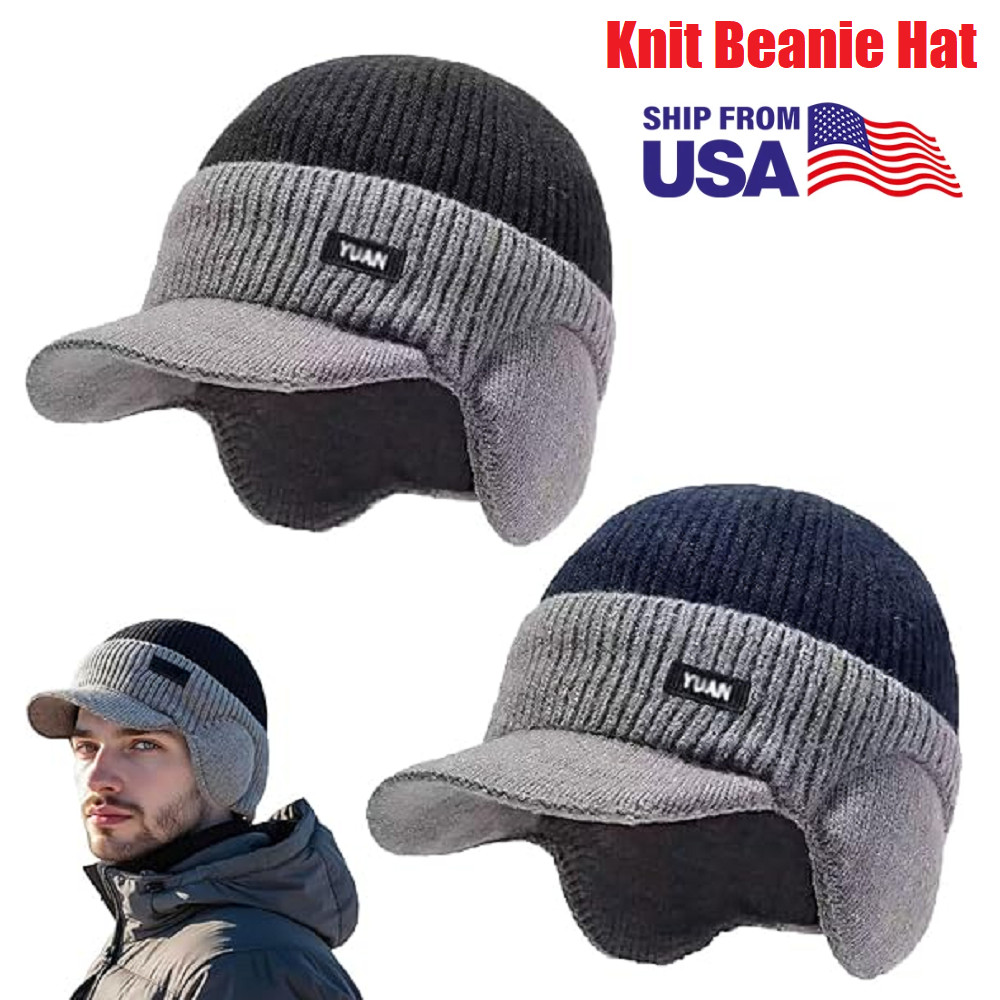 Windproof Thermal Cap with Visor Winter Warm Knitted Earflap Hat Ear Protection