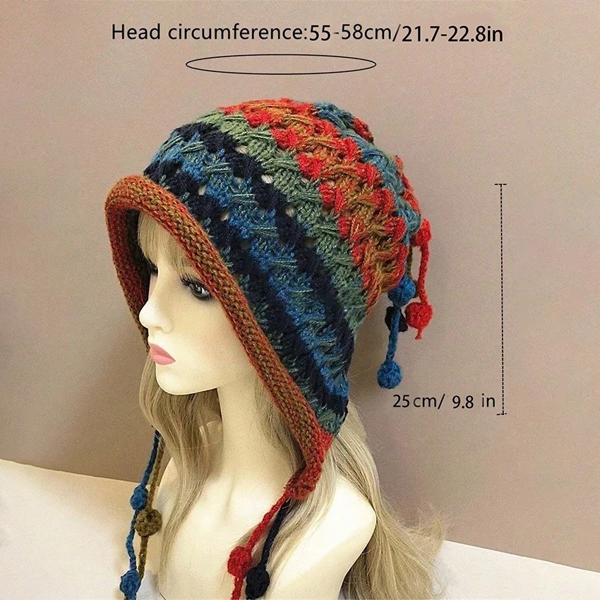 Crochet Beanie Women's Colorful Handmade Tassel Ear Flap Knit Hat with Boho Styl