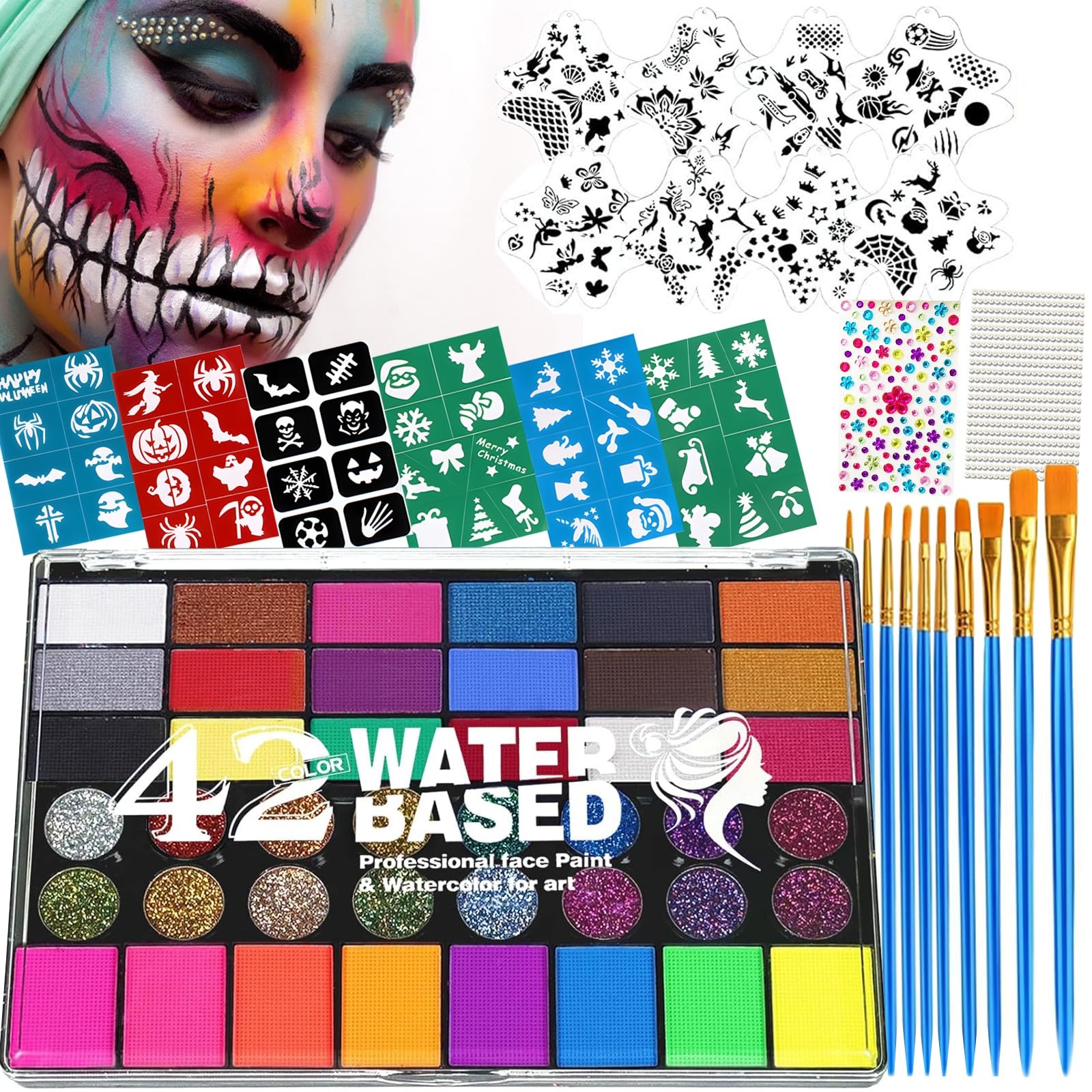Face Painting Kit for Kids Halloween – 42 Color Water Activated Facepaint Mak...