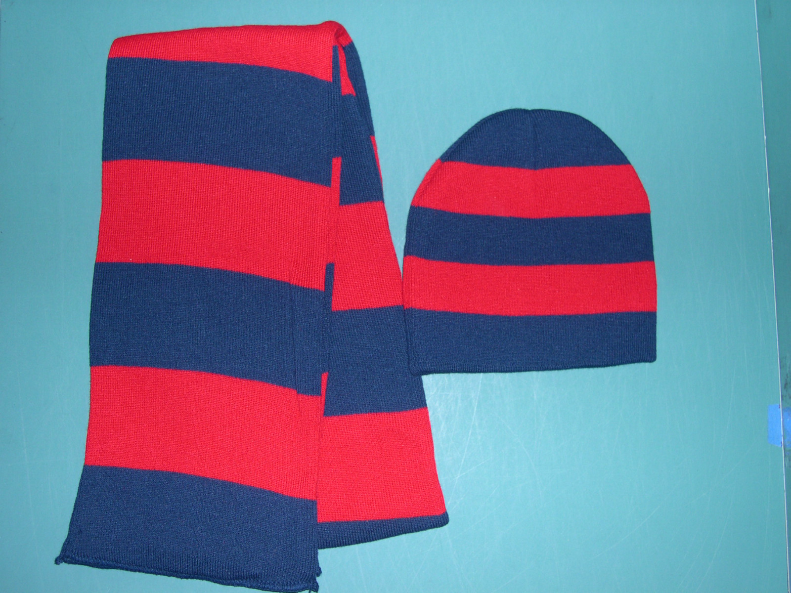 PERSONALIZED KNIT BEANIE CAP + SCARF SET NAVY + RED RUGBY STRIPED TEAM SPORTS NU