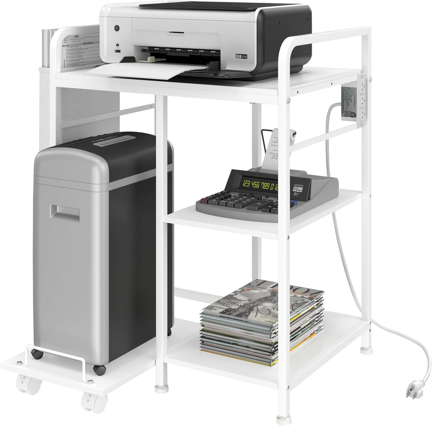 Home Printer Stand with Charging Station & Storage for Office - White