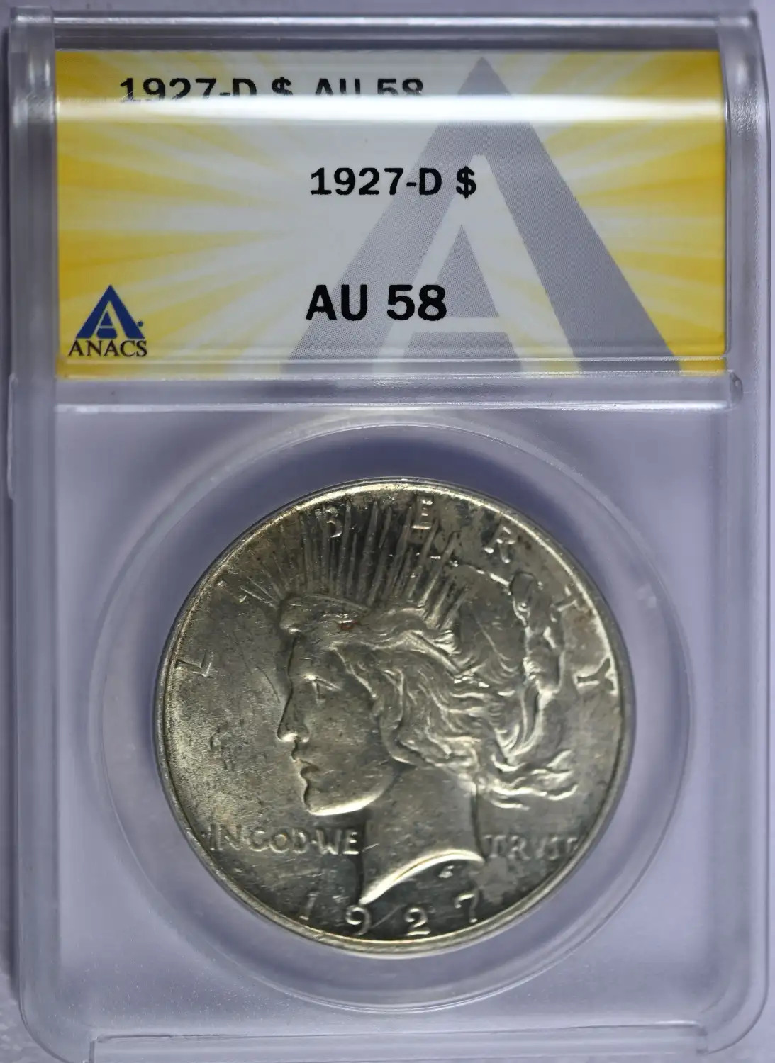 1927 D Peace Silver Dollar ANACS AU-58