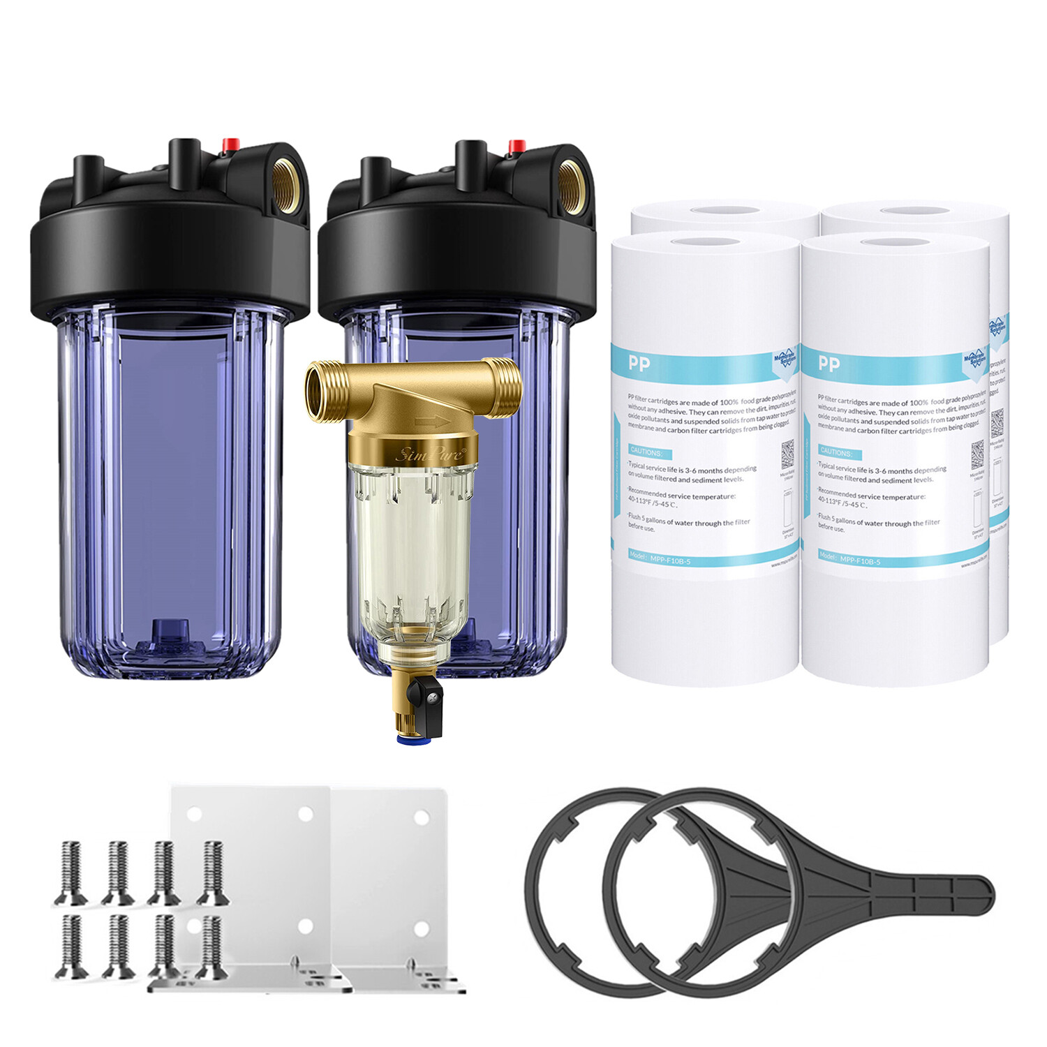 SimPure 10" Clear Whole House Water Filter Housing Filtration System PP Sediment