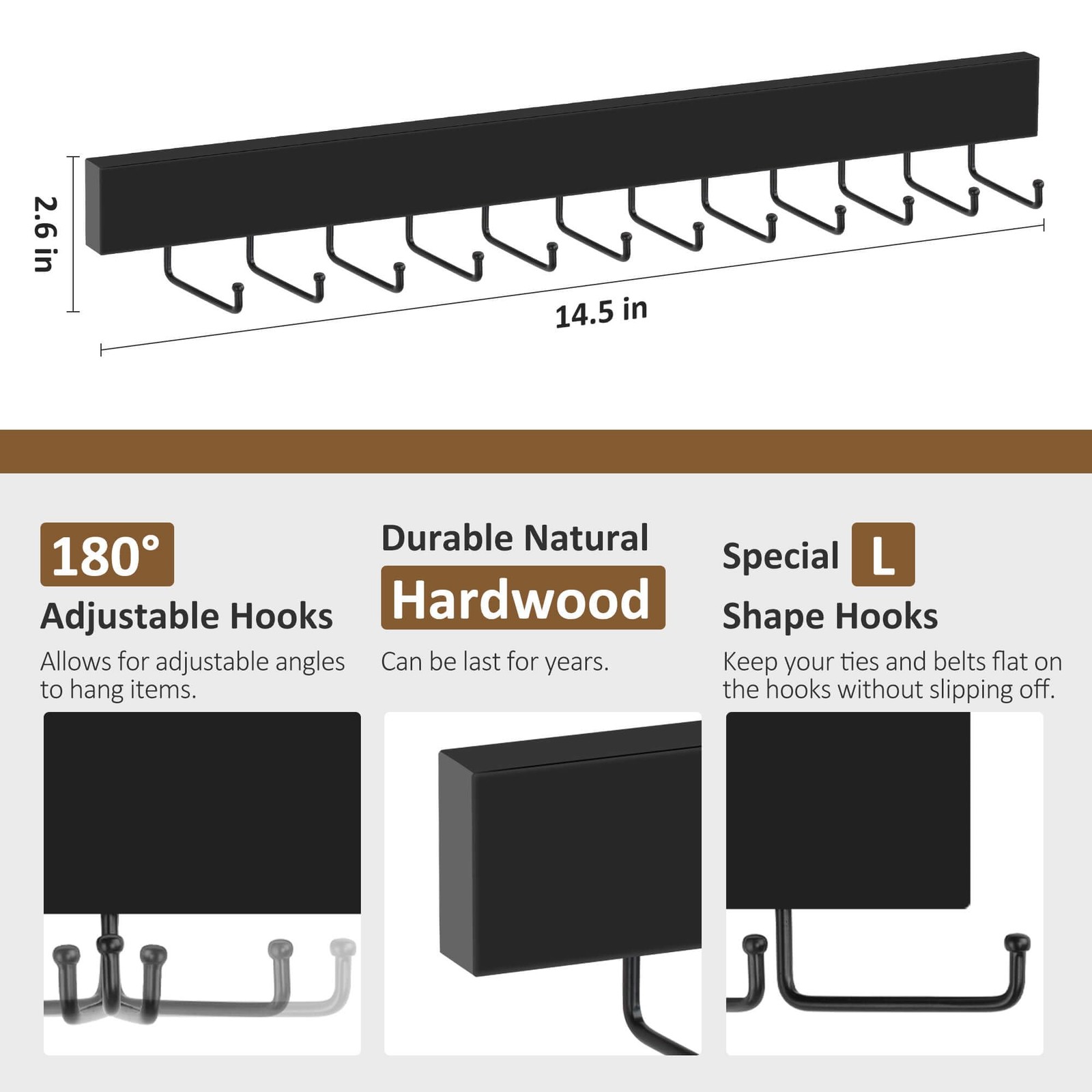 ZEDODIER 2 Pack Wodden Tie Hanger Wall Mounted, Space Saving 2 Pack, Black