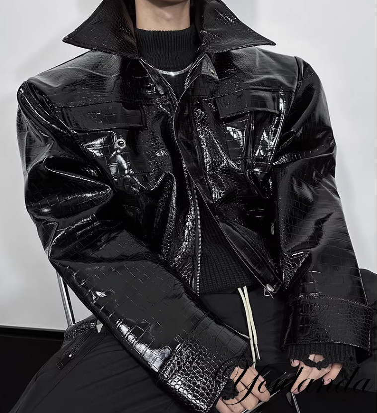Men's Crocodile Print  Motorcycle Faux Leather Jacket Casual Splicing Lapel Coat