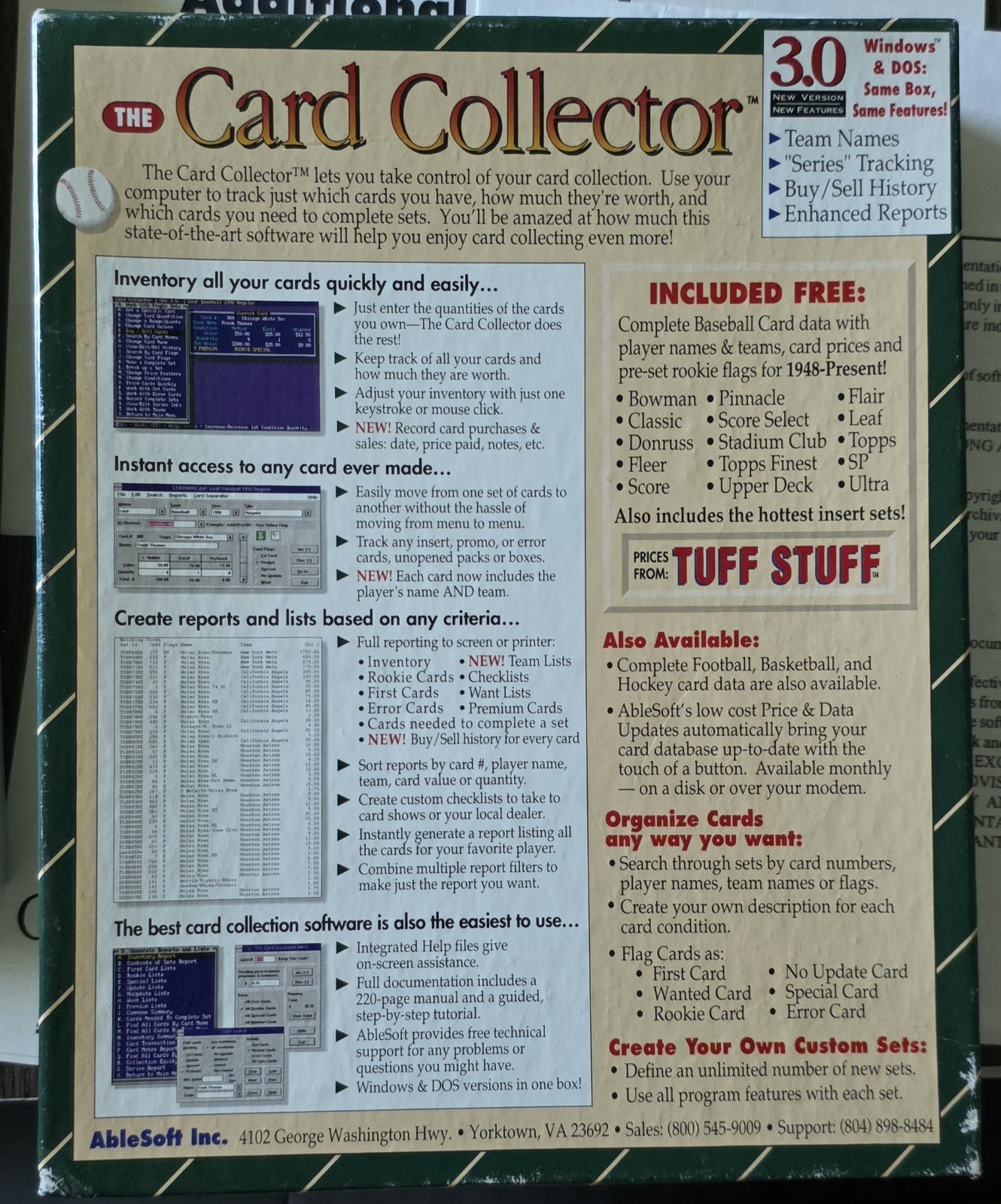 1994 AbleSoft The Card Collector Tuff Stuff Windows Disk Sports Program COMPLETE