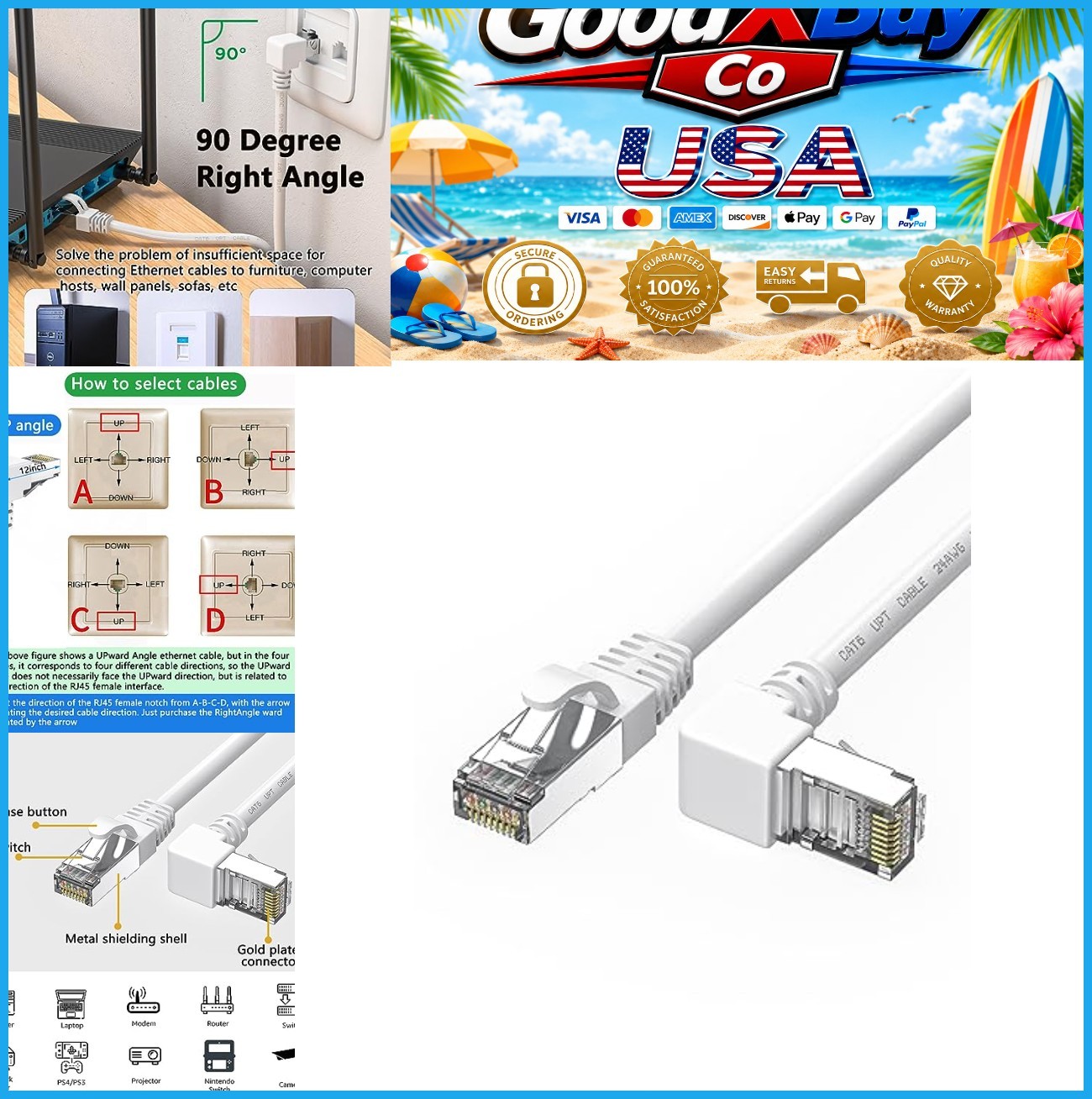 90 Degree CAT6 Ethernet Cable RJ45 Right Angle Upward Angled White 3ft LAN