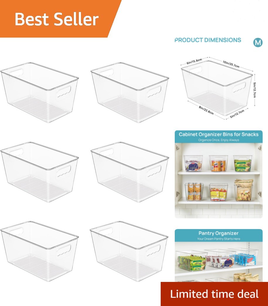 6 Pack Clear Storage Bins, Pantry Cabinet Organizer Bins with Handle for Pant...