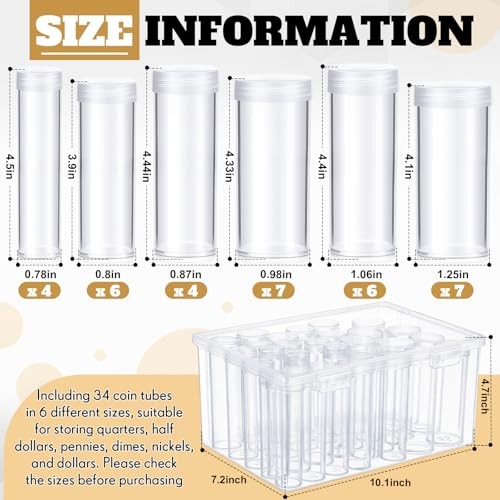 34 Pcs Coin Tubes Assorted Sizes with 1 Plastic Storage Box Assorted Coins 35