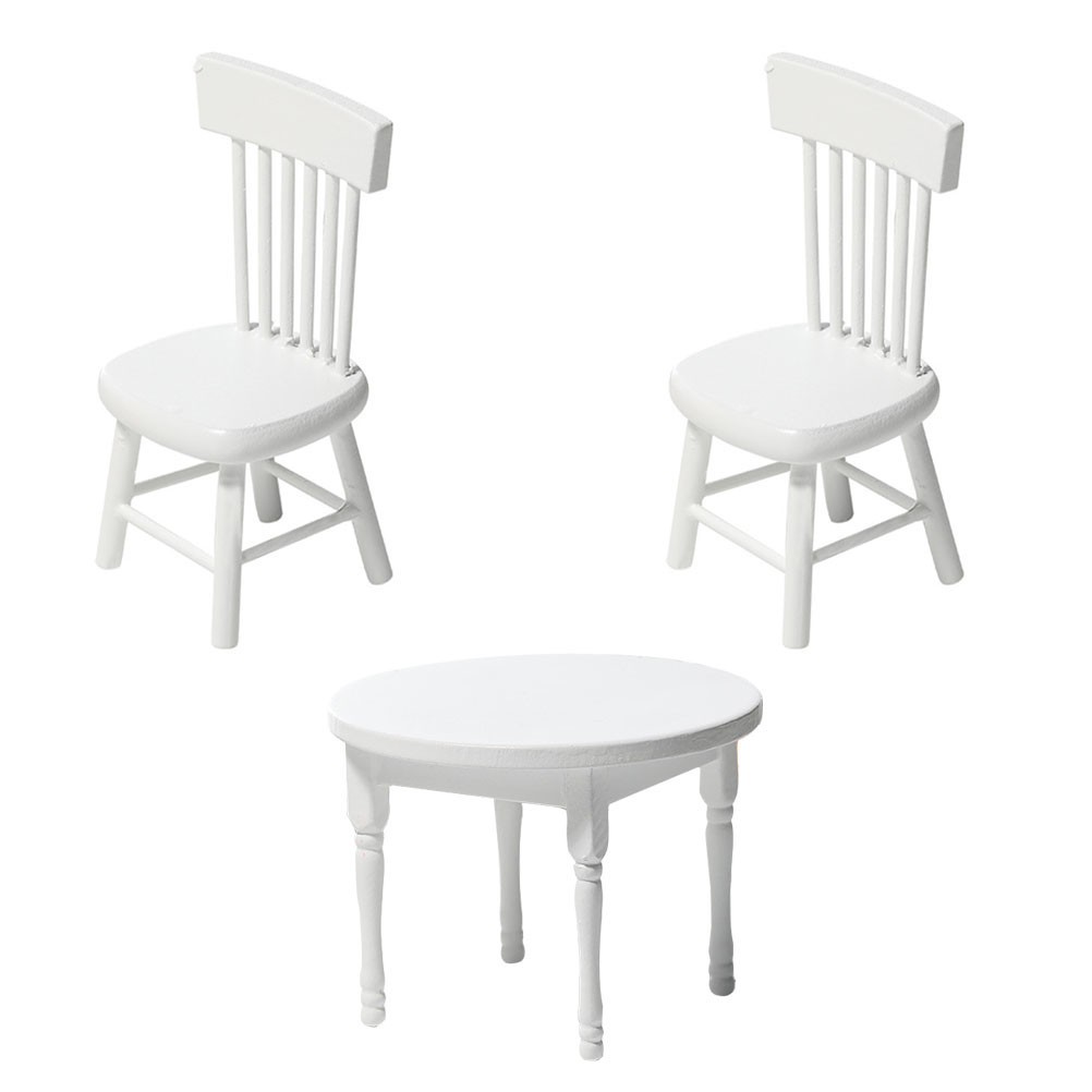 1Set White Wooden Mini Desk Chair Set Playhouse Decor Mini House Furniture