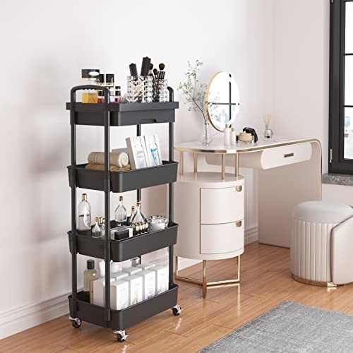 Rolling Utility Cart with Drawer,Multifunctional Storage 4-Tier Black