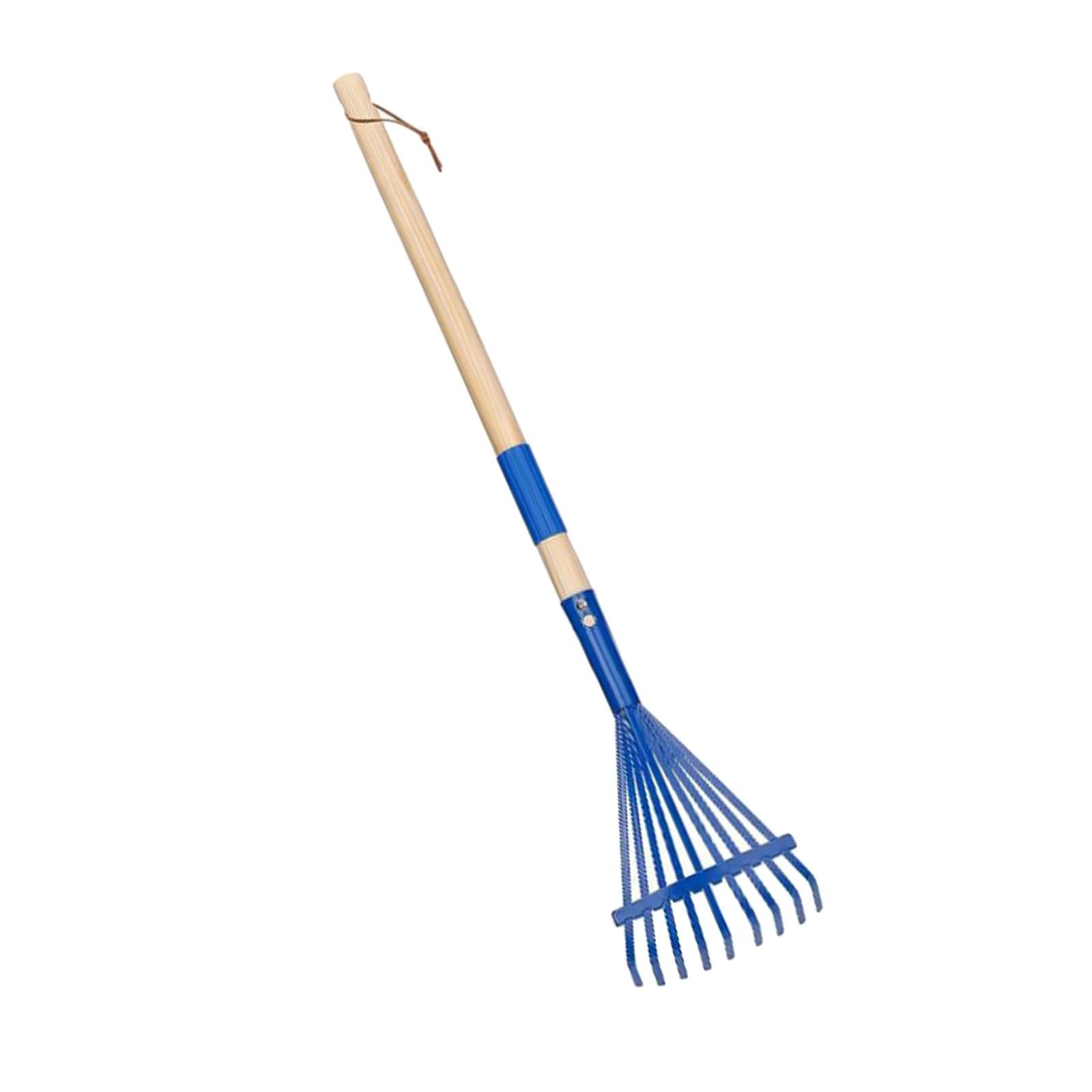 Heavy Duty Garden Leaf Rake Wood Handle Farming Yard Lawn Shrub Tool Blue