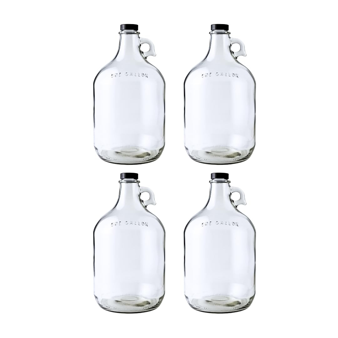 128Oz Jug, 1 Gallon Glass Beer Jug, 4 Pack with Polyseal Caps, Clear Jugs for...