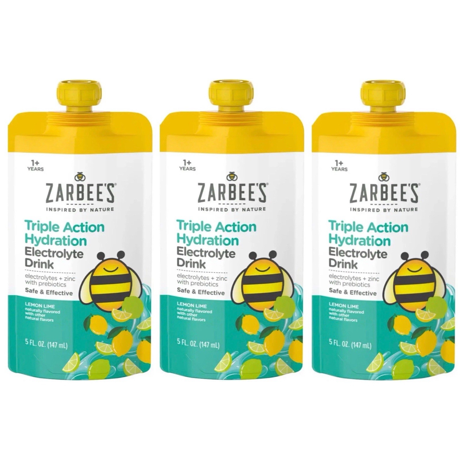 3pk Zarbee's Kids Electrolyte Dye Free Drink, Zinc & Prebiotics, Lemon Lime, 5oz
