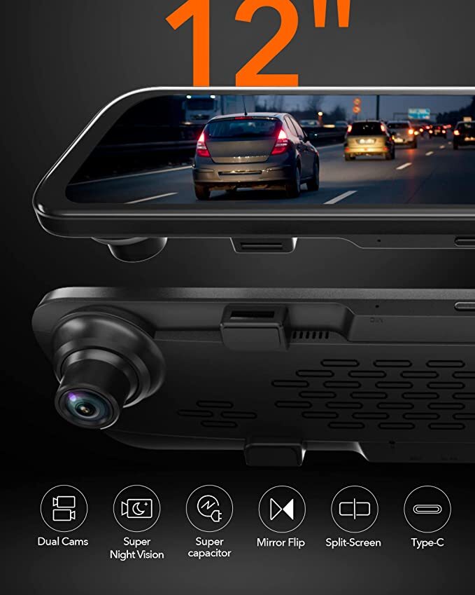 WOLFBOX 4K 12" Mirror Dash Cam With Super Night Vision WDR Backup Camera