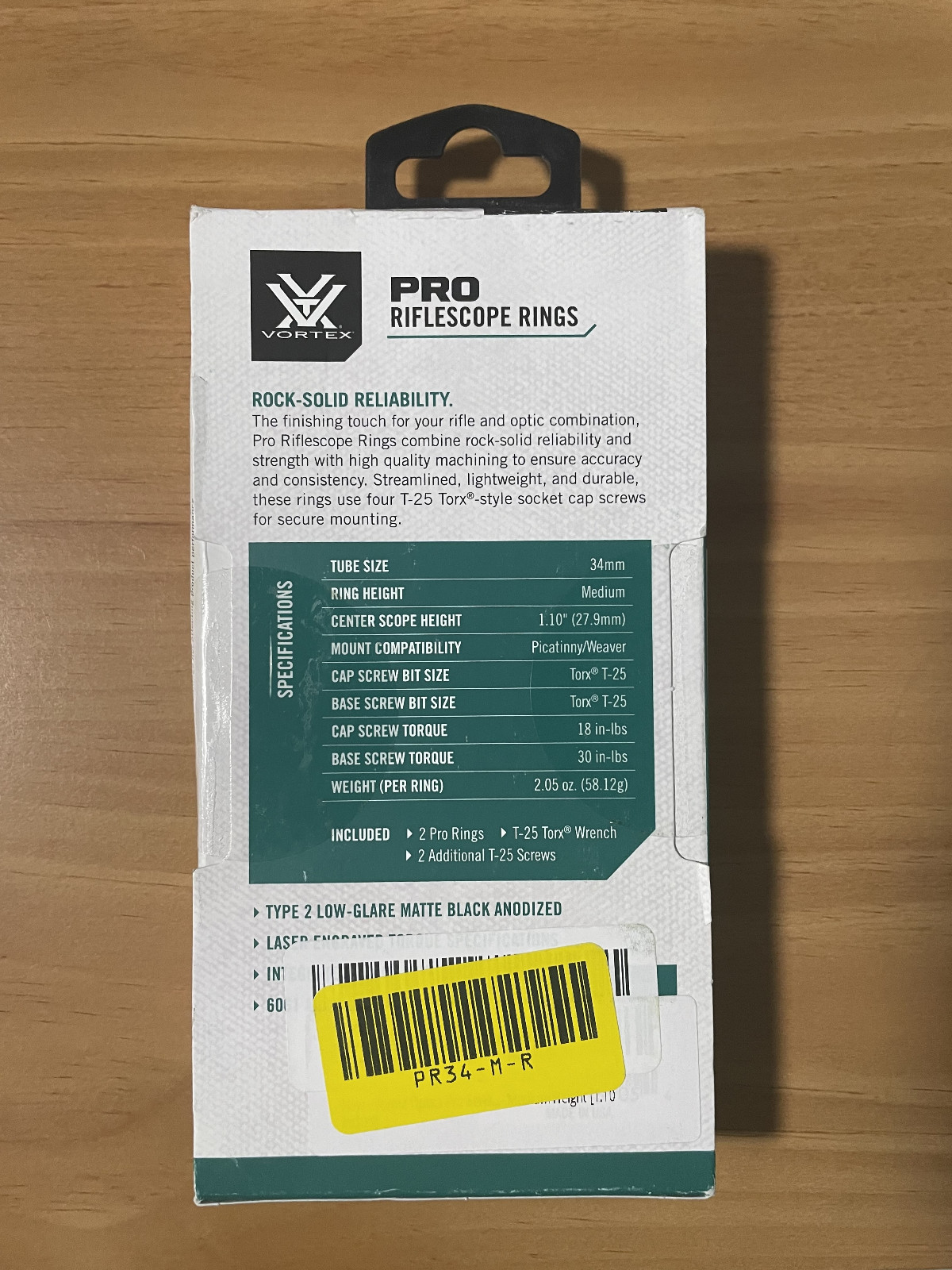 Vortex Pro Series 34mm Medium Height (1.10") Riflescope Rings PR34-M