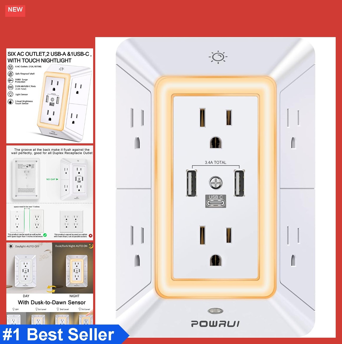Surge Protector Power Strip 6 Outlet 3 USB Ports USB C Night Light 1680J