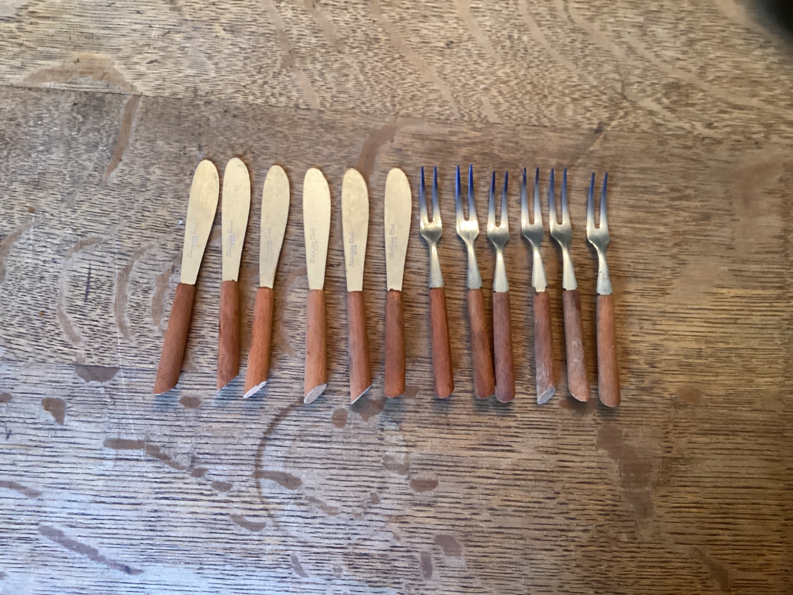 12 Vtg Cocktail Forks & Knives Japan Wood & Stainless Steel 3.75”