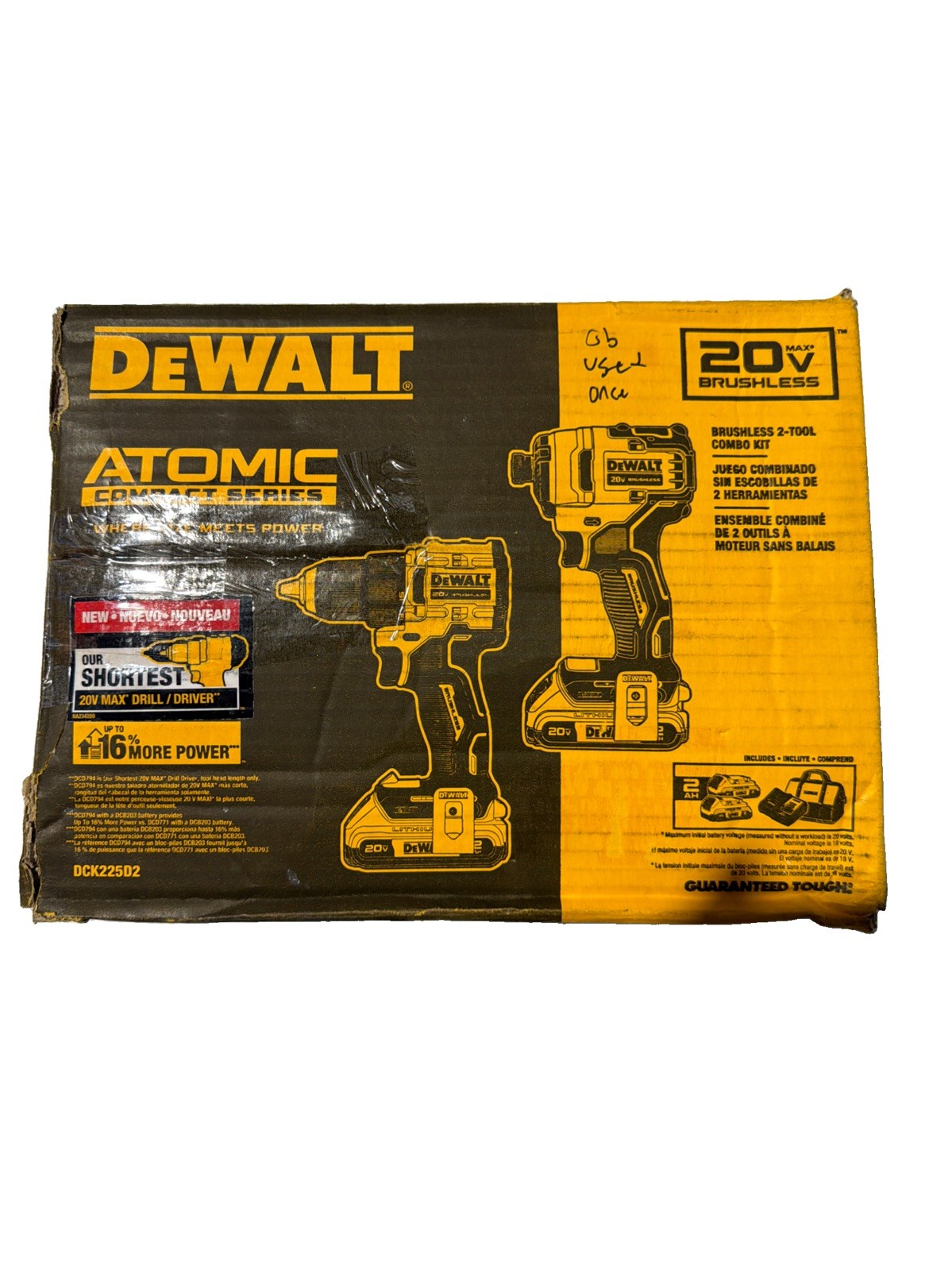 DEWALT ATOMIC 20-Volt MAX Combo Kit (2-Tool) w/ (2) 2.0Ah Batteries USED ONCE OB