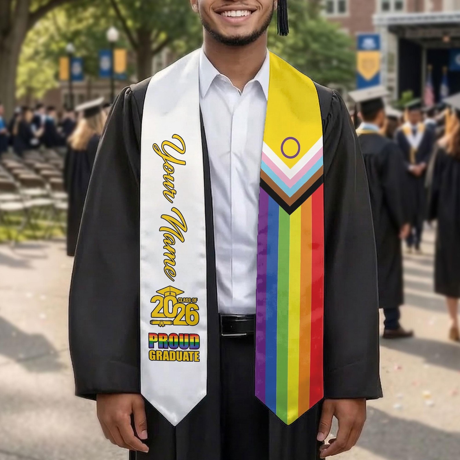 Progress Pride Graduation Stole 2026 Personalized, LGBTQ Grad Sash with Name, Pr