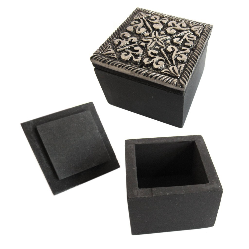 NEW Starflower Floral Mini Trinket Box - Embossed Silver Metal and Wood 1.5"