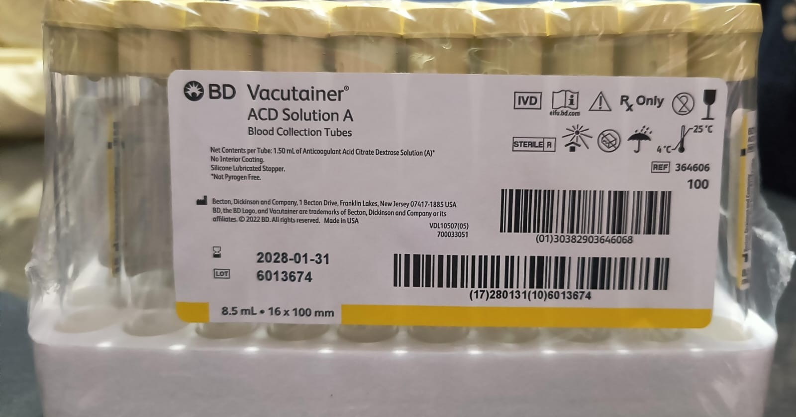 Branded ACD Solution A 8.5 ml PPT PRF 100 TUBES EXPIRY 2028 Jan 364606