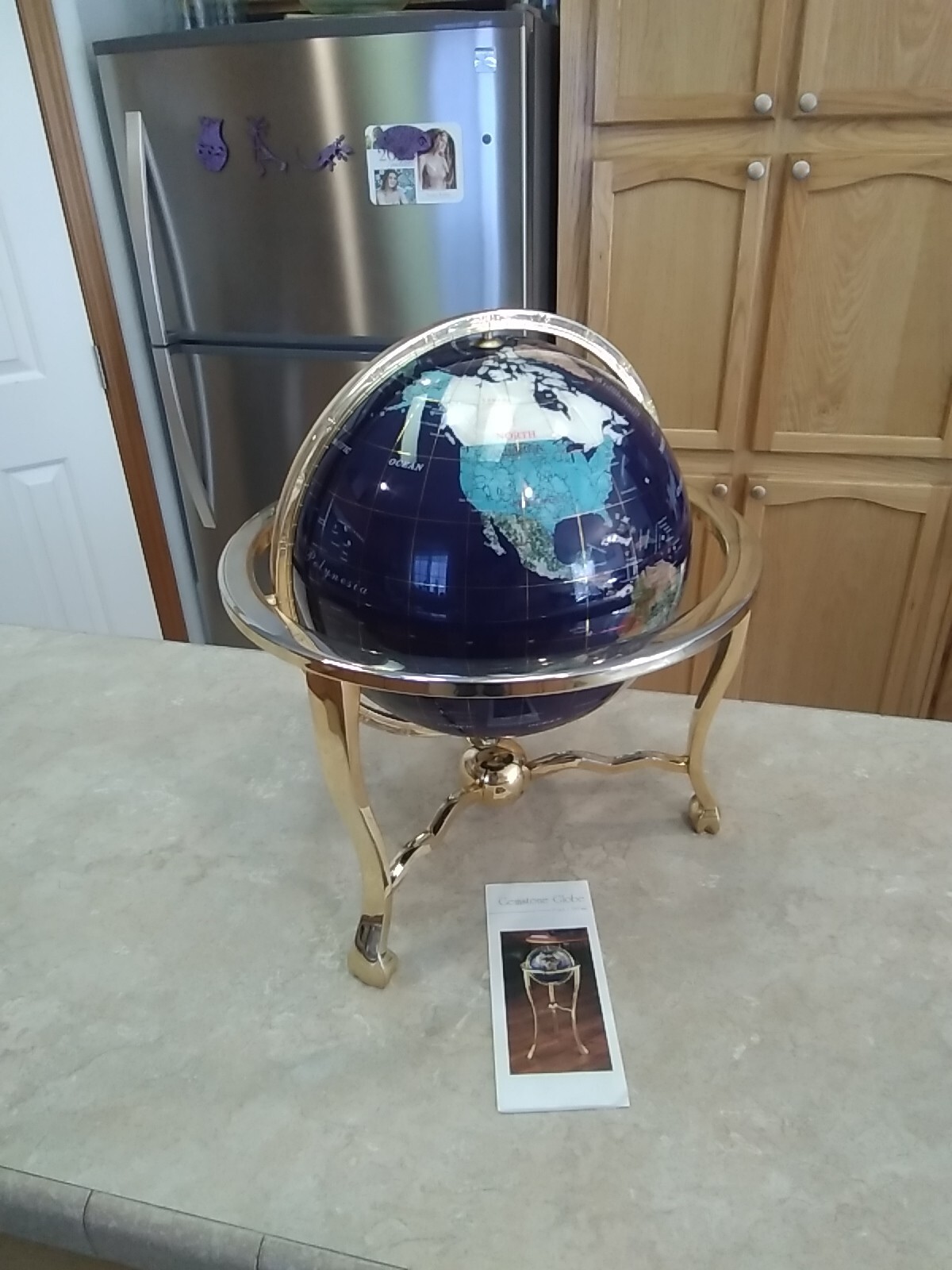 World Globe Stone Shell Inlays Blue Lapis 20" Tall Gold Stand Read