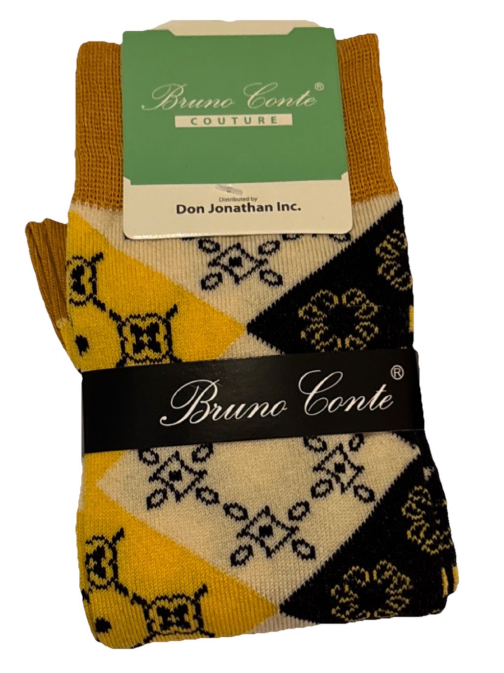 Bruno Conte Men's Patterned Accessory Set Tie Socks Handkerchief Gold & Black