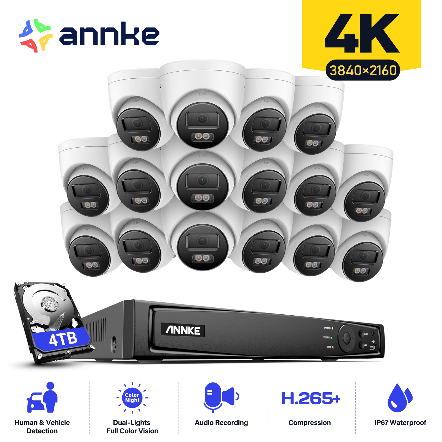 ANNKE H.265+ 12MP 16CH NVR 4K Audio POE IP Camera Security System Color Night AI