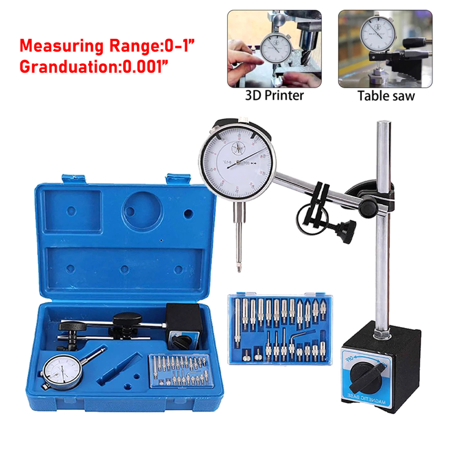 Dial Indicator with Magnetic Base Holder Differential Backlash Gauge 0-1.0 Test