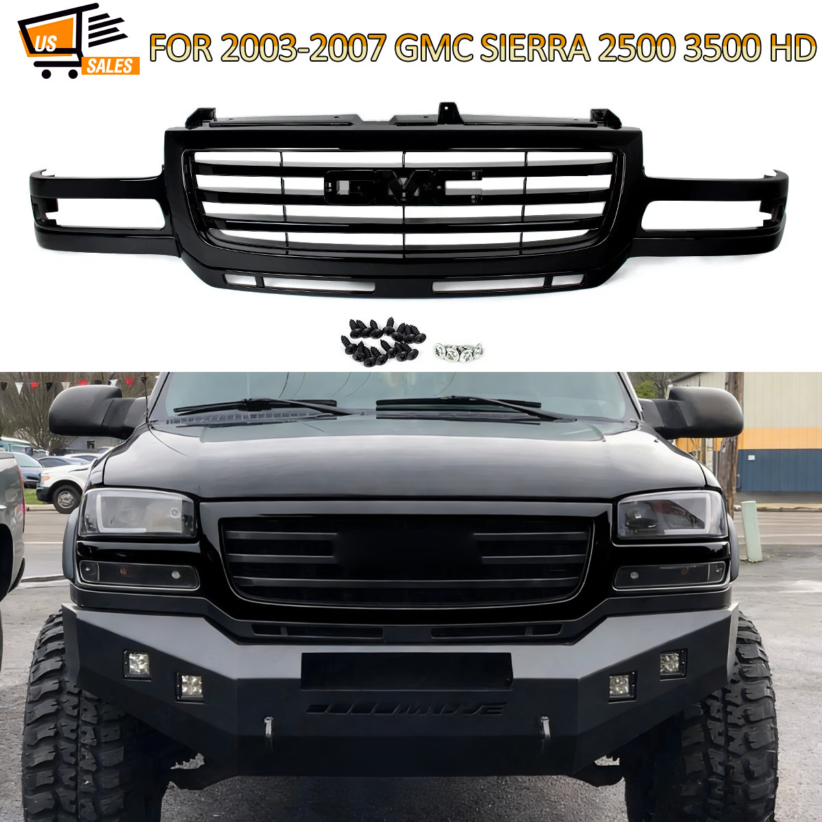 For 2003-2007 GMC Sierra 2500 3500 HD Gloss Black Front Bumper Grille Assembly