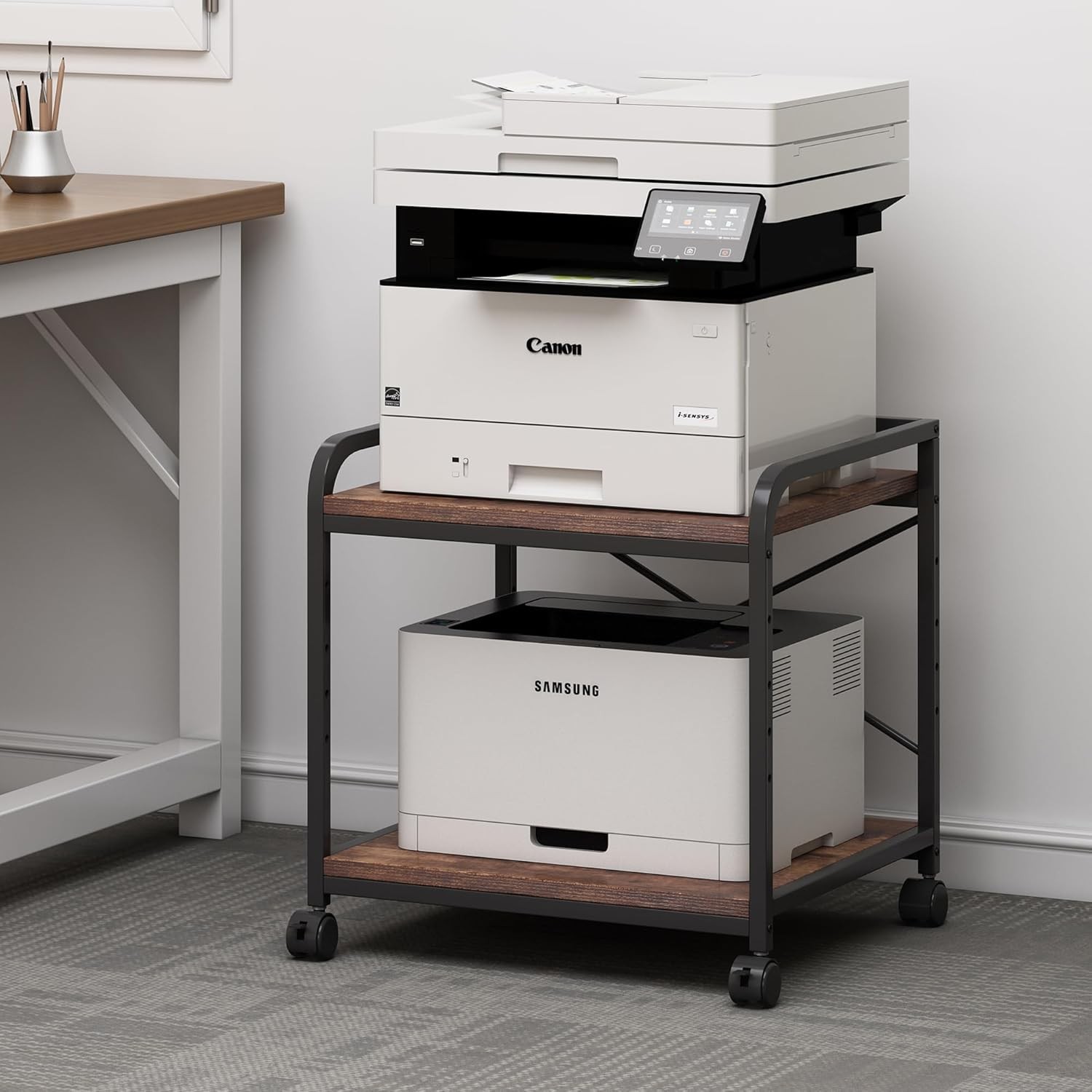 2 Tier Under Desk Printer Stand W/ Storage 20 Inches Deep Large Printer Table W/