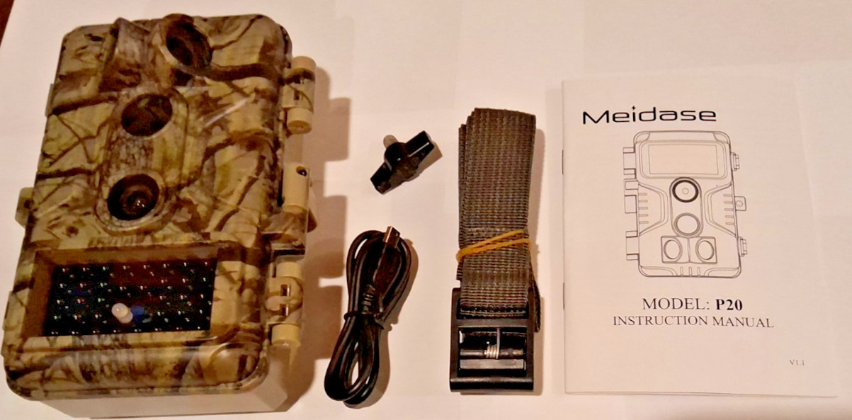 Meidase P20 Trail Camera Woods Camo w/strap, USB plug, instructions