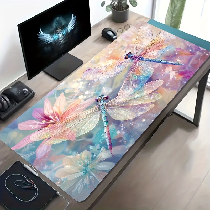 A Large Gaming Mouse Pad Featuring a Design of Two Dragonflies Flying to Colorf