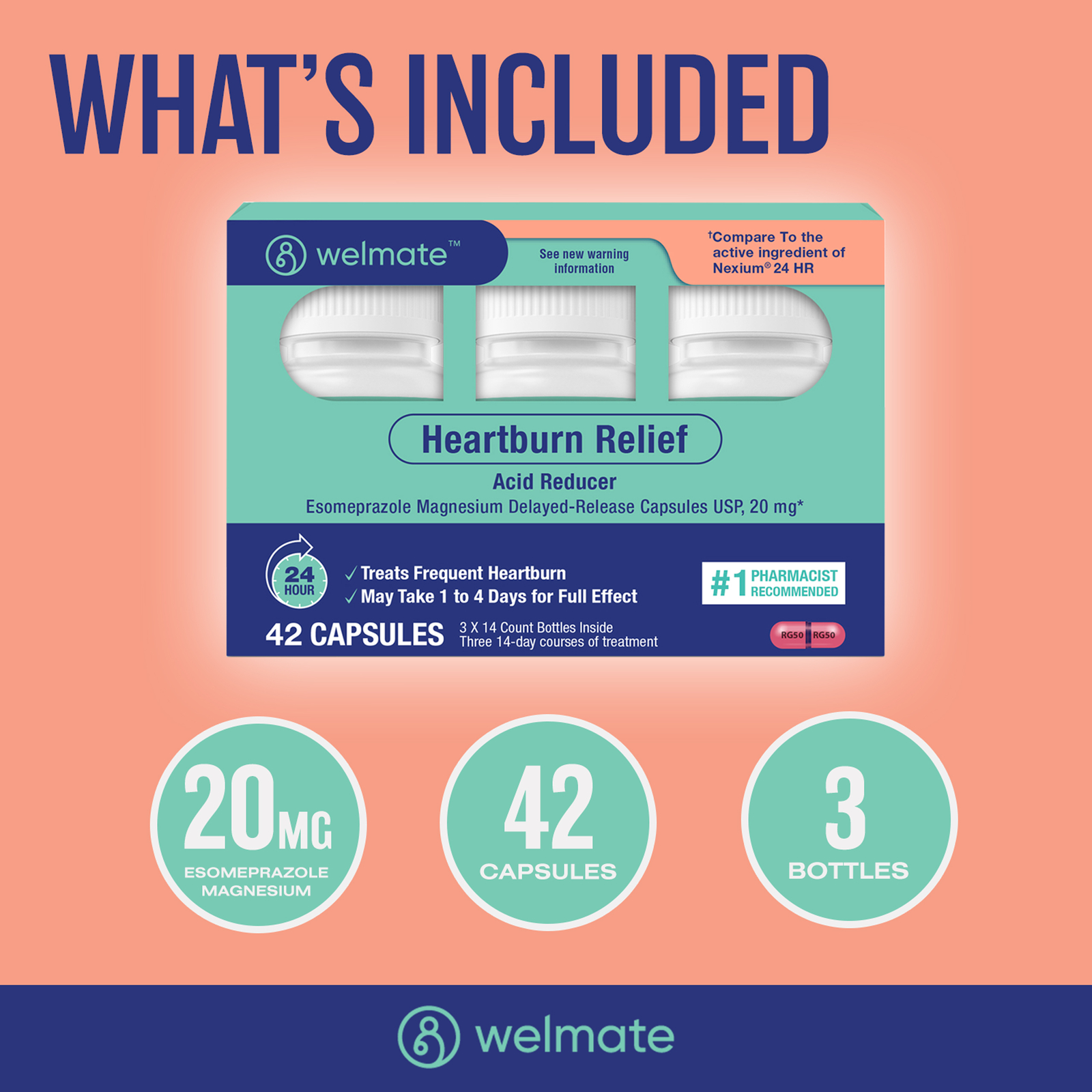 WELMATE Esomeprazole Magnesium 20mg DR Capsules | 24Hour Acid Reducer | 42 Count