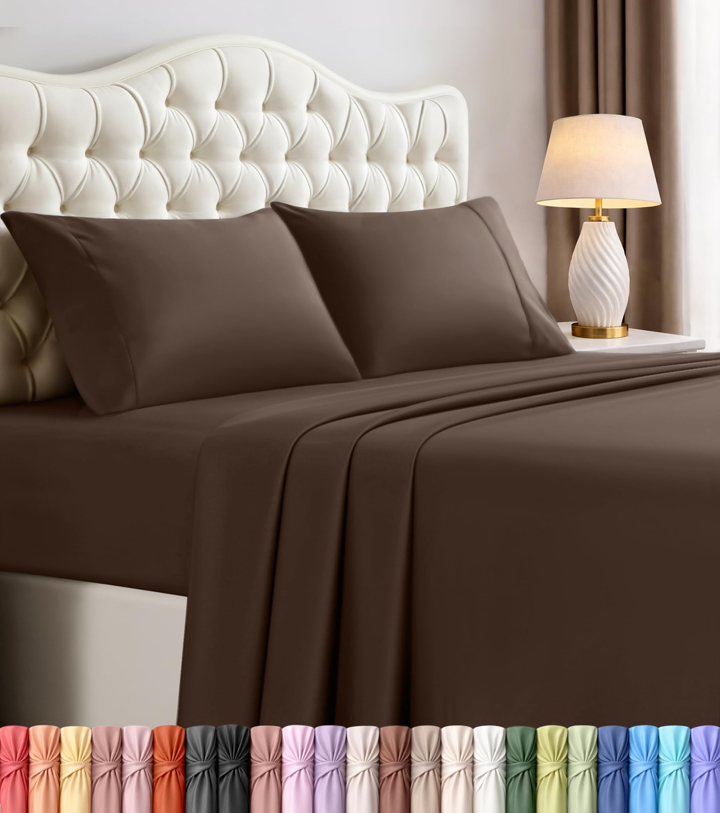 Full Sheets Set, 4 Pieces 16" Deep Pocket Hotel Luxury Bed Sheets, Brown